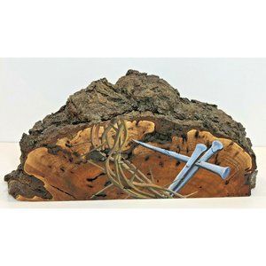 Hand Painted Natural Wood Slice Jesus Crown of Thorns Nails Artist Signed Bozard